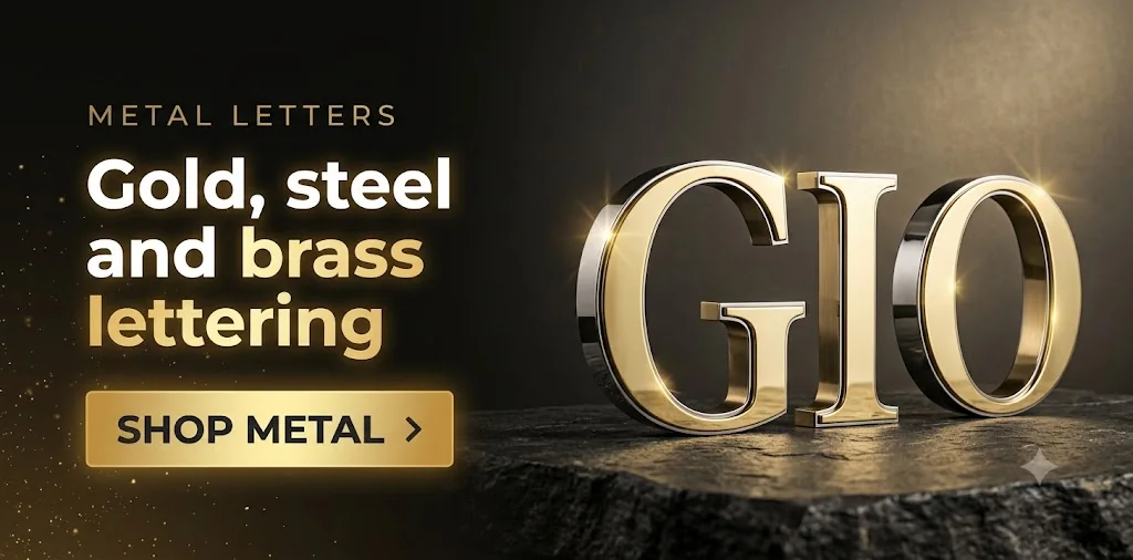 Gold, steel and brass lettering